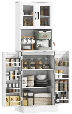 Zdjęcie produktu dla Szafka kuchenna – wysoka szafka typu bufet z 4 drzwiami – 8 przegródek – regulowane półki – otwór na kable – 60 x 39,5 x 180 cm – biały
