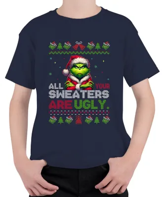 Produktbild von All Your Sweaters Are Ugly Grinch Weihnachten Lustig Geschenk Uni Kinder T-Shirt, Navy, 116