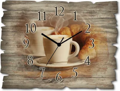 Produktbild von ARTland Holz Wanduhr Quarzuhr - schwarzer Zeiger Dampfender Cappuccino und Croissant Größe: 40x30 cm