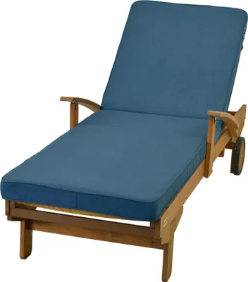 A wooden chaise lounge with a blue cushion, shown on a white background.