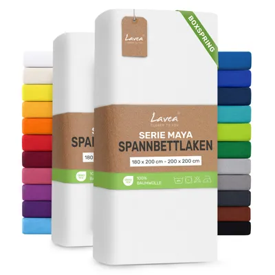 Produktbild von Lavea® 2er Pack Spannbettlaken 180/200x200 cm, Jersey Bettlaken 100% Baumwolle – Boxspringbetten, Wasserbetten, Matratzen bis 35 cm – Weiß