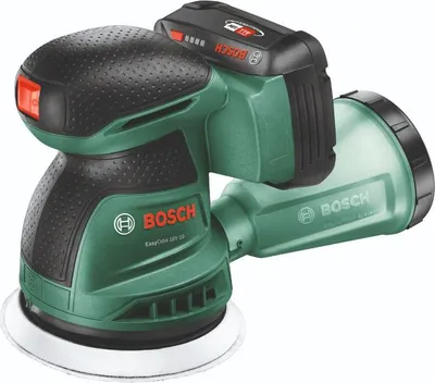 A studio shot of a green and black Bosch cordless orbital sander with a dust collection attachment.