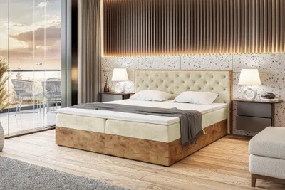 Produktbild von MEBLINI Boxspringbett mit Bettkasten - Gepolstert Doppelbett mit Matratze und Topper - Polsterbett mit Stauraum - Bett mit Kopfteil - Stauraumbett - LOFTY 3 - 140x200 - H4/Beige Samt