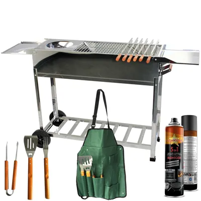 Produktbild von Familien Mangal Grill mit Rollen – Edelstahl Holzkohlegrill inkl. 22 Spieße, 3 Grillroste & Kasan Halter – großer Schaschlik Grillwagen