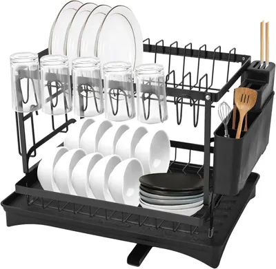 Immagine prodotto di Sgocciolatoio per stoviglie, design a 2 livelli, in acciaio, con vaschetta raccogligocce e portaposate inclusi, resistente alla ruggine