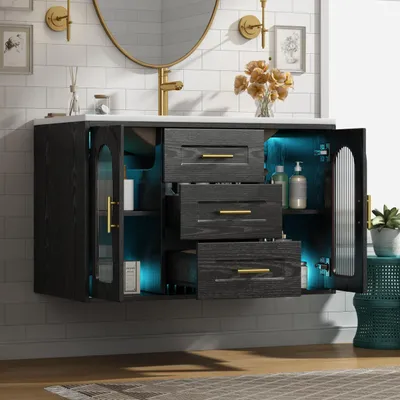 Produktbild von Merax Badezimmerschrank Wandmontage mit LED Beleuchtung, Waschbeckenunterschrank mit Glastür geriffelt, Waschtisch in Holzoptik, Soft-Close, Schwarz
