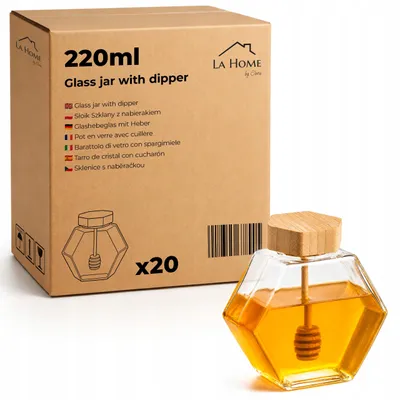 Image de Lot de 20 bocaux à miel hexagonaux 220 ml en verre avec couvercle bambou et cuillère – pots à miel, pot à confiture, cadeau