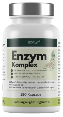 Produktbild von Enzym Komplex, mit 800mg Bromelain (5000 F.I.P), 300mg Papain, Rutin & Selen, 180 Kapseln von EXVital