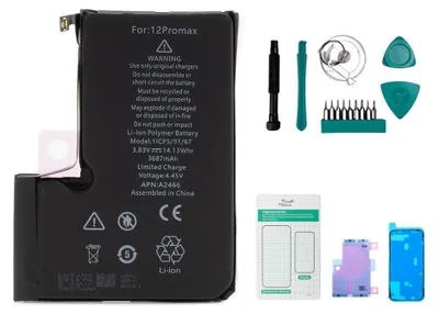 Produktbild von Ersatzakku Set für iPhone 12 Pro Max mit 3687 mAh Kapazität, Modell A2466