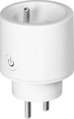 A white smart plug with a power button symbol.