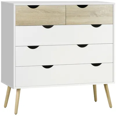 Image de HOMCOM Commode 5 tiroirs Design scandinave Meuble de Rangement Chambre Panneau de Particules 99 x 39 x 101 cm Blanc Aspect chêne Clair