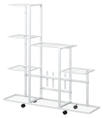 Produktbild von Blumenständer mit Rollen, Blumentreppe, Pflanzenständer, Blumenregal, Pflanzentreppe, Pflanzregal, Blumenbank, 94,5x25x92,5cm, Weiß, Metall