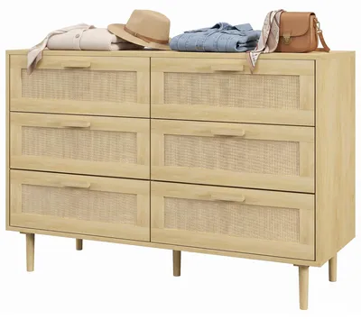 Produktbild von Kommode fš¹rs Schlafzimmer mit 6 Schubladen, Rattanfront, Holzbeinen, Bohššme-Stil, 110 x 40 x 75 cm, Eiche