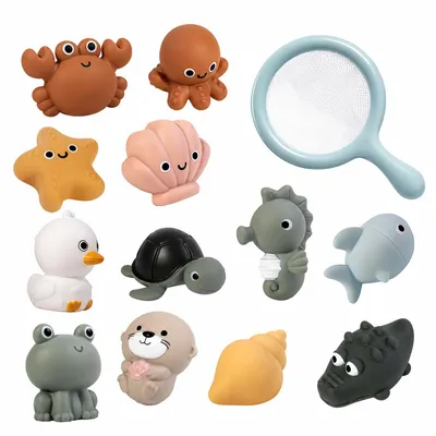Produktbild von Bade Spielzeug Meerestiere 12 Stück Set, wasserdicht Baby Badewannenspielzeug ohne Loch, schwimmende Ozean Tiere für Babys