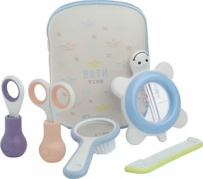 Produktbild von Bebeconfort Babypflege-Set, Inklusive Babyhaarbürste, Babykamm mit Babyspiegel, Baby-Nagelknipser, Babyschere und Baby-Badethermometer, 0m+,Paper Boat