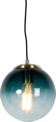 Produktbild von QAZQA - Art Deco Art-Deco-Hängelampe I Pendellampe I Pendelleuchte aus Messing mit ozeanblauem Glas 20 cm – Pallon I Wohnzimmer I Schlafzimmer - Kugel I Kugelförmig I Länglich - LED geeignet E27