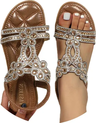 Produktbild von ASKSA Damen Glitzer Sandalen Sommer, Strass Sandalen Elegant Flach Schuhe, Bronze, Groesse: 39