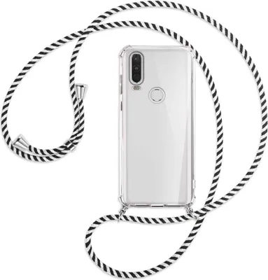 Produktbild von Handykette Backcover-Schutzhülle mit Band (Metall silberfarben) für Motorola One Action - schwarz/weiß gestreift