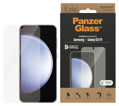 Obrázek produktu pro PanzerGlass ® Screen Protector Samsung Galaxy S23 FE | Ultra-Wide Fit, Samsung, Samsung - Galaxy S23 FE, Aplikace nasucho, Odolné proti poškrábání, Odolný proti nárazům, Antibakteriální, Průhledná, 1 kusů