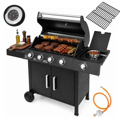 Zdjęcie produktu dla Grill gazowy ogrodowy 13 kW BERGMANN 5 palników stal malowana proszkowo żeliwny ruszt stolik boczny reduktor + wąż gazowy czarny