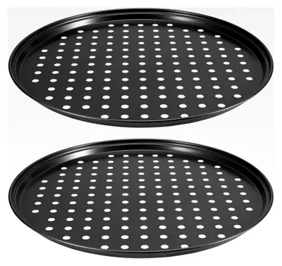 Produktbild von Antihaft-Pizzablech, 32 cm x 1,5 cm, Kohlenstoffstahl, Pizzablech mit Löchern, ofen- und spülmaschinenfest, 2 Stück
