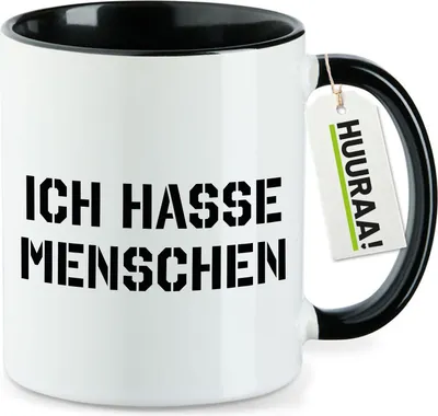 Produktbild von Huuraa Kaffeetasse ICH HASSE MENSCHEN 330ml Schwarz Keramik Kaffeebecher Geschenkidee