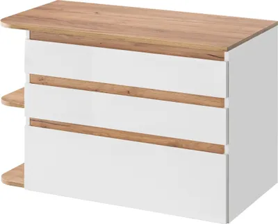 A white and wood-grain vanity cabinet with three drawers.