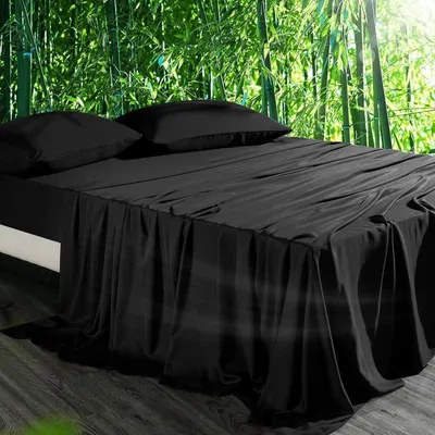 Productafbeelding van Hoeslaken 140 x 200 cm, bamboe, lyocell, zwart, van 100% bamboezijde, spannlaken verkoelend, temperatuurregulerend, glanzend zijde