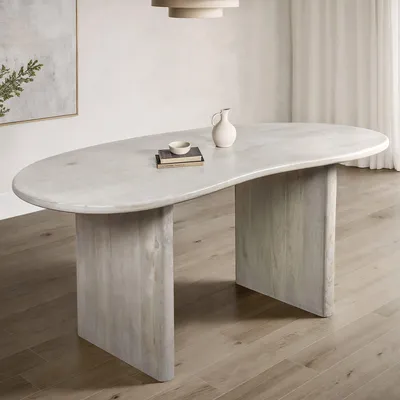 Produktbild von FineBuy Design Esstisch 180cm Mango Massivholz in White Wash - Massiver Esszimmertisch Weiß - Holztisch in Nierenform organisch Retro Tisch Esszimmer