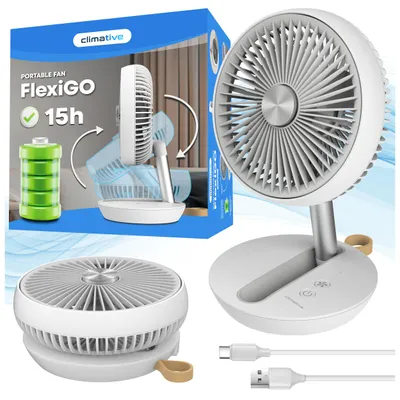 Obrázek produktu pro Stolní USB ventilátor Climative FlexiGo, bezdrátový, skládací, s akumulátorem 4 Ah, bílý, výkonný (400 m³/h), výdrž až 15 hodin – přenosný, ideální na