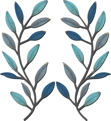 Productafbeelding van Wanddecoratie Bladeren - Metaal Decoratie - Woonkamer Aankleden - Set van twee - 40 x 18 cm - Vintage Blauw