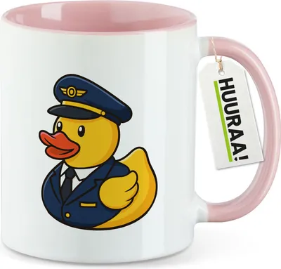 Produktbild von Huuraa Kaffeetasse Quietscheente Pilot Gummiente Flugkapitän 330ml Rosa Keramik Kaffeebecher Geschenkidee