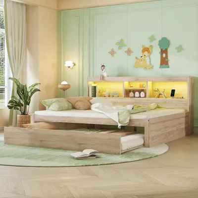 Produktbild von Flieks Schlafsofa Tagesbett 140x200cm mit Ausziehbett, Daybett Jugendbett mit LED & Ladefunktion, Funktionsbett Sofabett, Braun