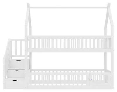 Productafbeelding van Houten kinderbed - Stapelbed - 90 x 200 cm - Met dak - Veiligheidstrap - Bedkasten - Wit