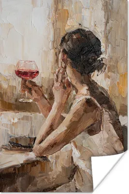 Produktbild von MuchoWow® Poster Gemälde - Ölfarbe - Frau - Wein 60x90 cm - Wanddekoration