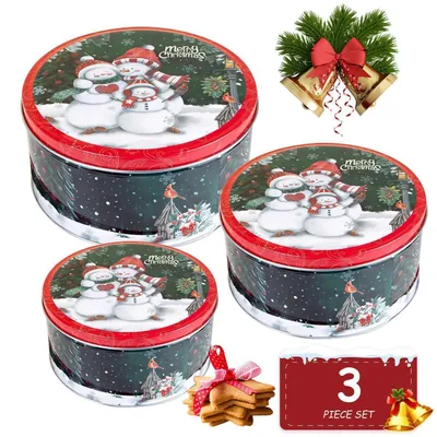 Obrázok produktu pre Sada 3 kusov, kovové dózy na sušienky, vianočná téma, okrúhly tvar, nádoba na pečivo, úložná nádoba, veľká, 20 cm