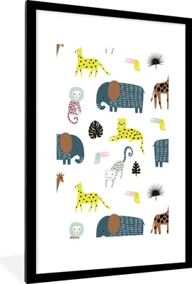 Produktbild von MuchoWow® MuchoWow® Gerahmtes Poster Tiere - Elefant - Affe - Weiß 60x90 cm - Poster mit zchwarzem Bilderrahmen - Dekoration - Wandposter Wohnzimmer - Hochwertig