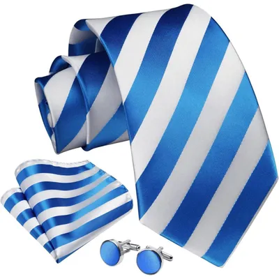 Productafbeelding van Herenset met stropdas, zakdoek en manchetknoopjes, paisley patroon, blauw/wit, polyester
