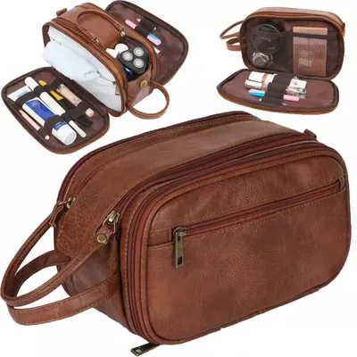 Produktbild von Kulturbeutel Stockholm, Kulturbeutel Leder für Herren große wasserdichte Reise-Kulturtasche, Bade Kosmetiktasche mit einem Nass-Trockenbeutel