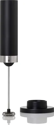 A black and silver electric milk frother with its stand.