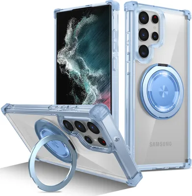 Image de Etui pour Samsung Galaxy S22 Ultra 5G anneau magnétique, support, compatible MagSafe, protection militaire, étui transparent bleu