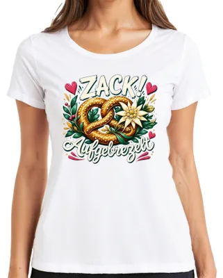 Produktbild von Zack Aufgebrezelt Brezel Edelweiss Lederhose Dirndl Damen T-Shirt, Weiß, XL