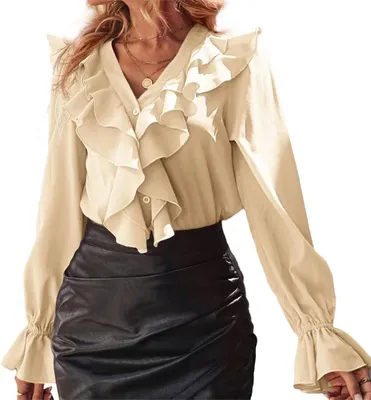 Productafbeelding van Dames blouse met lange mouwen, V-hals en geplooide details in abrikoos, maat L