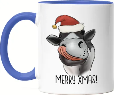Produktbild von Merry Xmas Tasse Blau Geschenkidee Weihnachten Frohe Weihnachten Süßes Kuh-Motiv Kuh-Fans Kühe