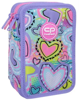 A close-up, front-facing view of a pencil case with a pastel heart pattern.