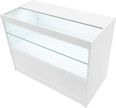 Immagine prodotto di Bancone da negozio a LED bianco C1200 – Ante scorrevoli con serratura | 2 chiavi – Unità di vendita e stoccaggio con vetrina – Bancone reception per abbigliamento e gioielli – 3 ripiani – Illuminazione bianco freddo