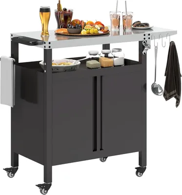 Zdjęcie produktu dla Wózek do grilla - Wózek do barbecue - Wózek serwowy - Kuchnia zewnętrzna - Stół roboczy - Blat ze stali nierdzewnej