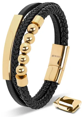 Image de SERASAR | Bracelet en cuir de première qualité pour hommes [Pearl] avec or en acier inoxydable | Couleur : Or | Longueur : 20cm