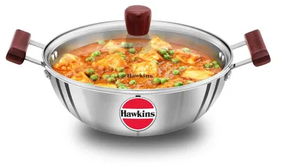Tiefe Kadhai, Triply-Edelstahl, 4 L, mit Glasdeckel, induktionsgeeignet