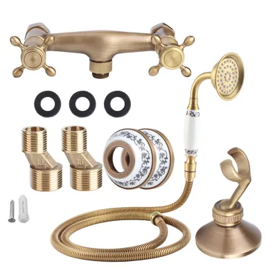 Image de Ensemble de pomme de douche de style vintage en cuivre avec flexible de douche pour une installation encastrée – Accessoires de salle de bains